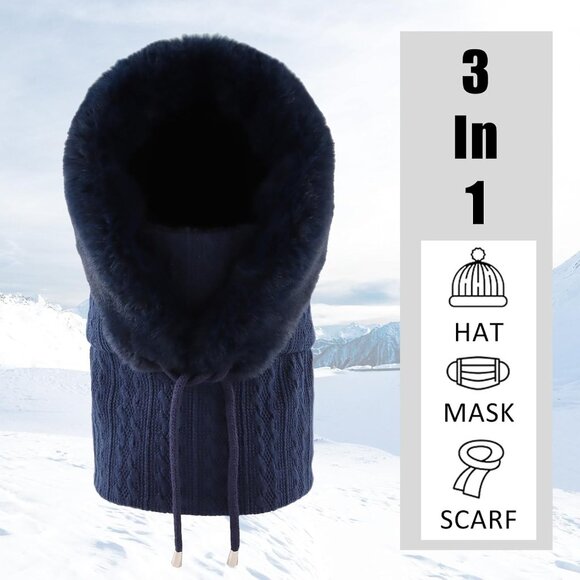 Women DarkbluePolyester Warm Thick Fluff Beanie Adult Neck Face Winter Balaclava - Picture 4 of 7